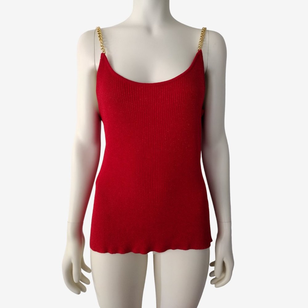 No Boundaries Red Metallic Ribbed Knit Gold Chain Strap Blouse Size XL
